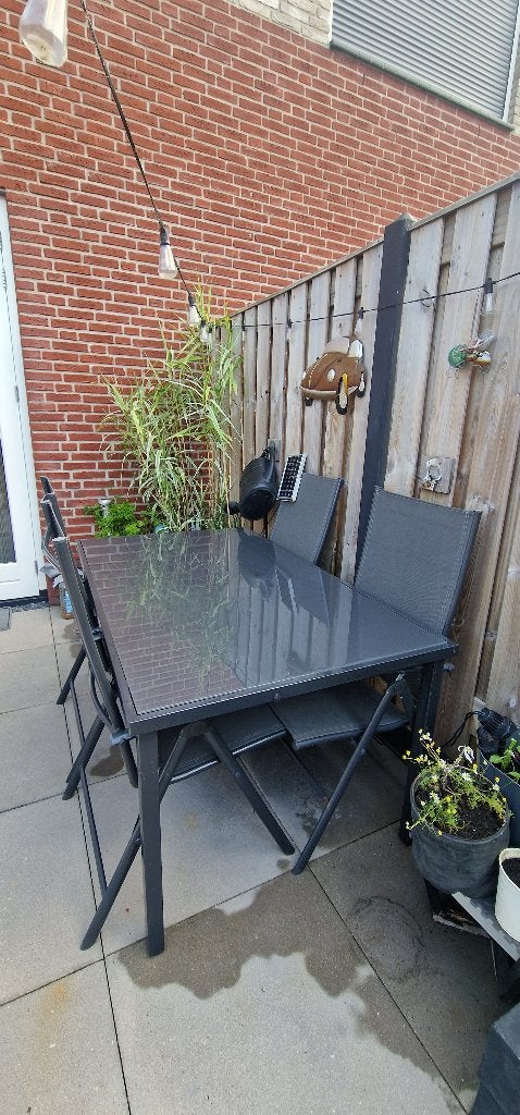 Anthracite Metal / Glass Garden Table &  4 Reclining Chairs, Ophalen, Gebruikt, Rechthoekig, Metaal