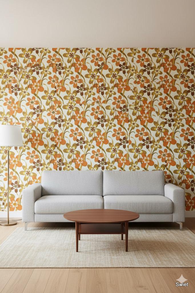 14148 vintage flowerpower behang wallpaper 70s  swiet, Verzenden, 75 m² of meer, Oranje