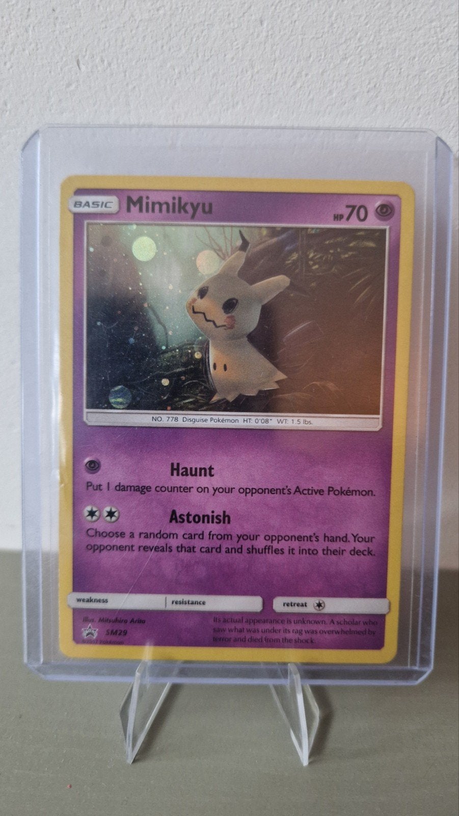 Zeldzame Pokémon kaart - Mimikyu SM29 Promo, Ophalen of Verzenden, Zo goed als nieuw, Losse kaart, Foil