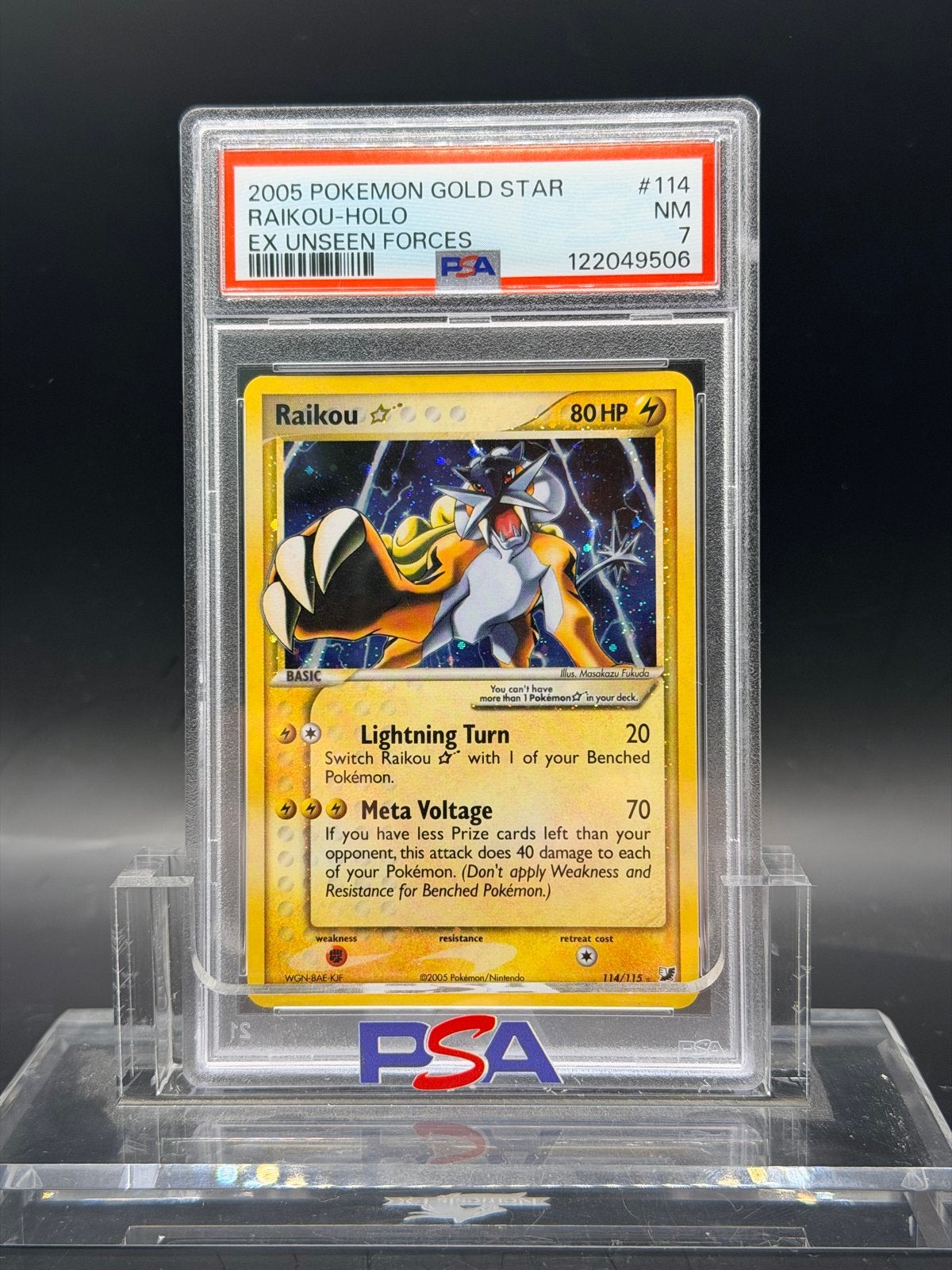 2005 Pokemon Gold Star Raikou-Holo EX Unseen Forces PSA 7, Ophalen of Verzenden, Zo goed als nieuw, Losse kaart, Foil