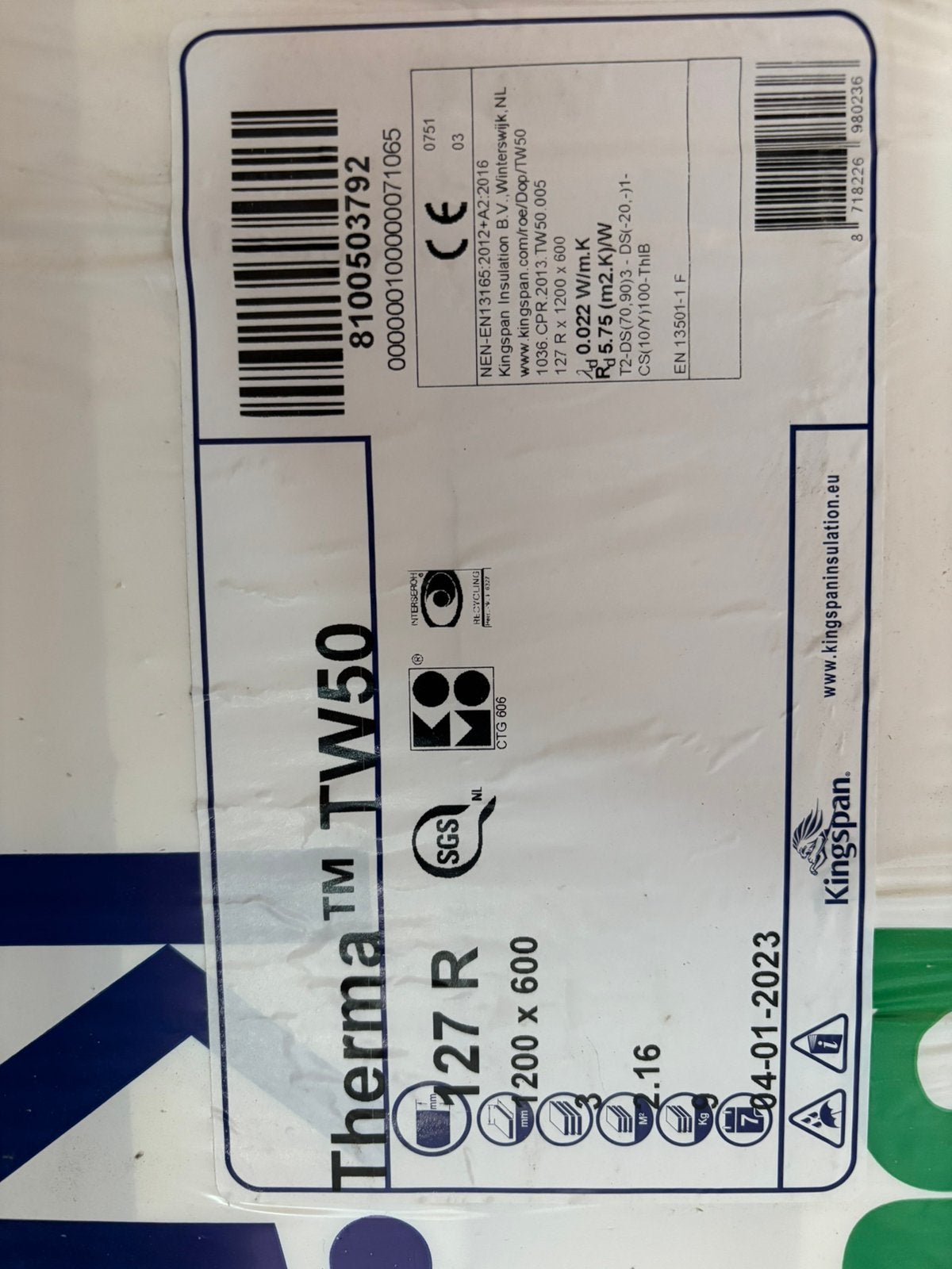 Kingspan therma isolatie TW50 127mm, rw 5.75, 78m2, Ophalen, Dakisolatie, 12 cm of meer, Nieuw