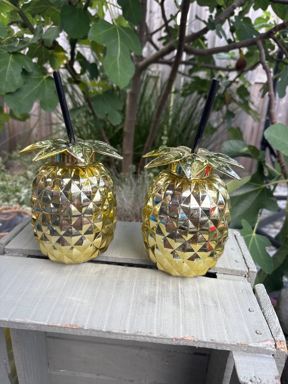 Gouden ananas drinkbekers met rietje (2 stuks), Ophalen, Gebruikt, Kunststof, Goud