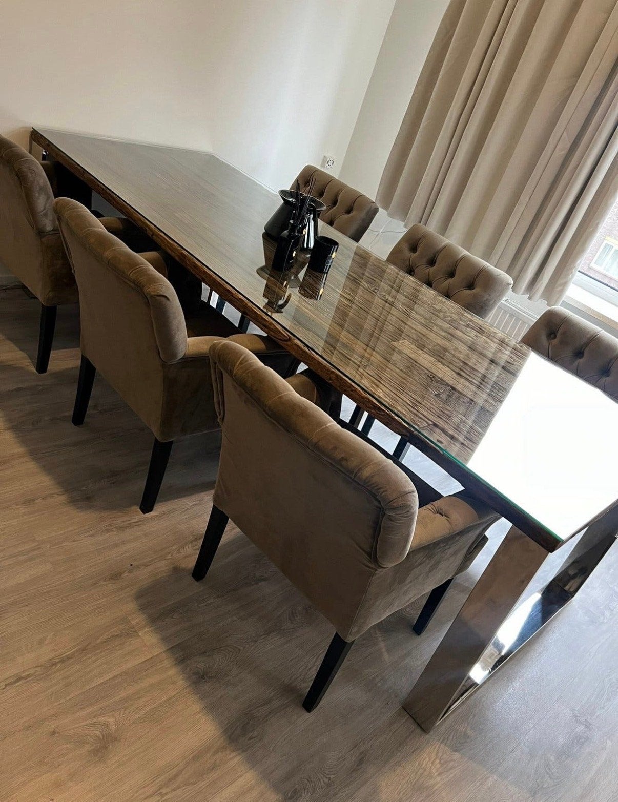 Eettafel met 6 stoelen, bijpassende boekenkast en salontafel, Huis en Inrichting, Ophalen, Gebruikt, 100 tot 150 cm, 200 cm of meer