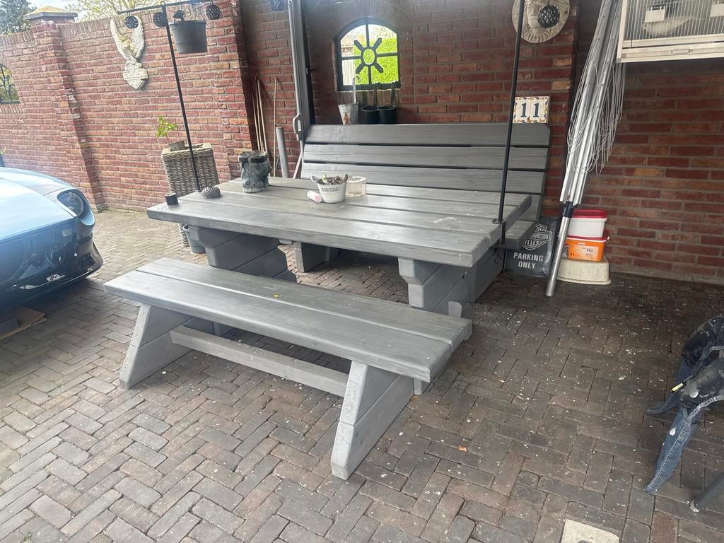 Tuinbank +tafel set, Tuin en Terras, Picknicktafels, Ophalen of Verzenden, Gebruikt, Rechthoekig, Hout