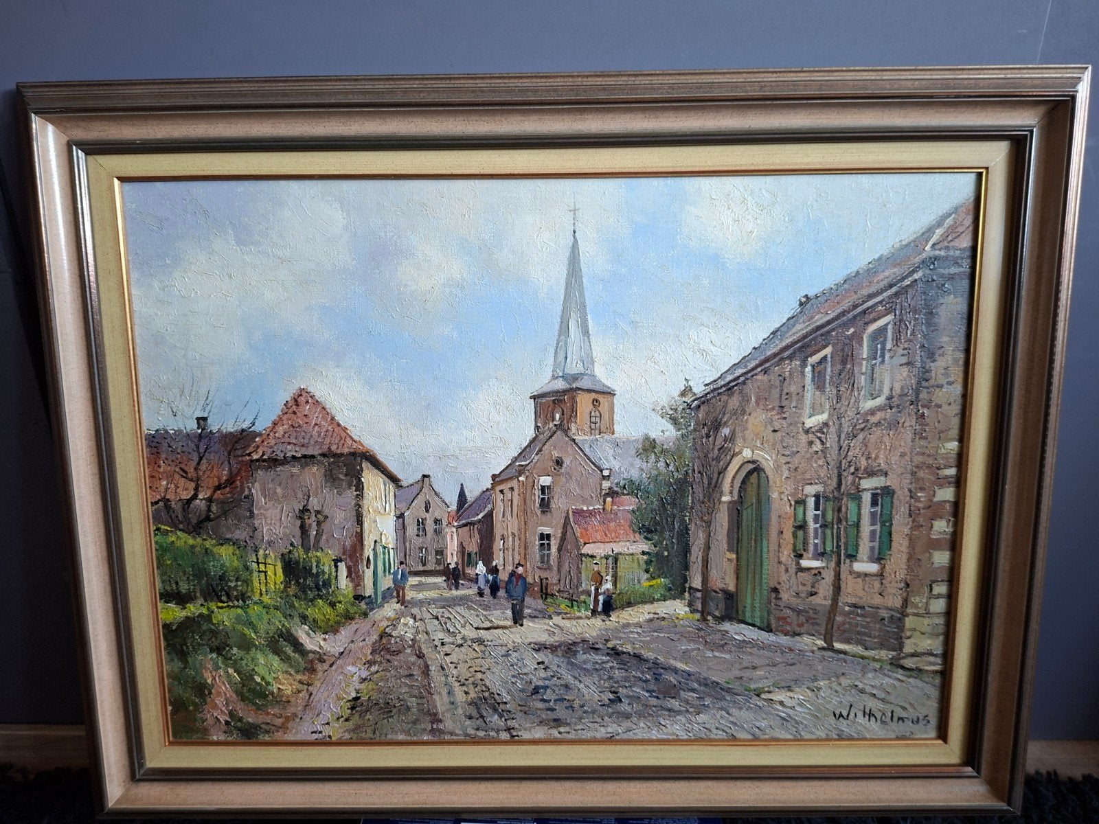 Schitterend olieverf dorpsgezicht  van deDorpsstraat Jabeek, Ophalen, Realistisch, Olieverf, Gesigneerd