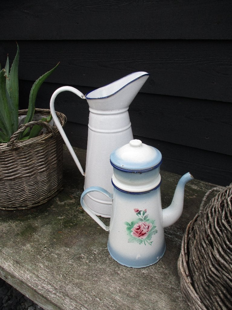 emaille brocante vintage koffiepot met filter en bloemen, Antiek en Kunst, Ophalen of Verzenden
