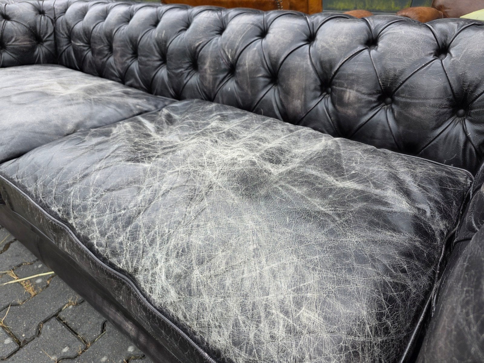 XL Chesterfield bank 2.40 vintage zwart leer + BEZORGING, Gebruikt, ., Chesterfield, Ophalen of Verzenden