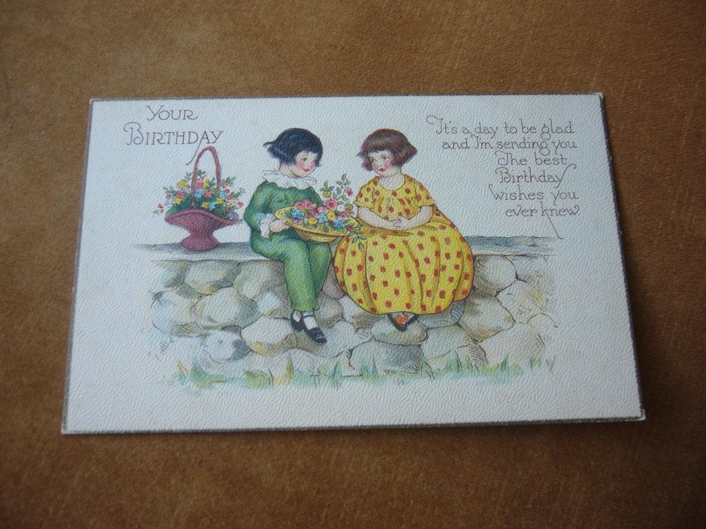 2 MEISJES  -  MAND - BLOEMEN - STENEN  EN LEUKE TEKST, Ophalen of Verzenden, Voor 1920, Ongelopen