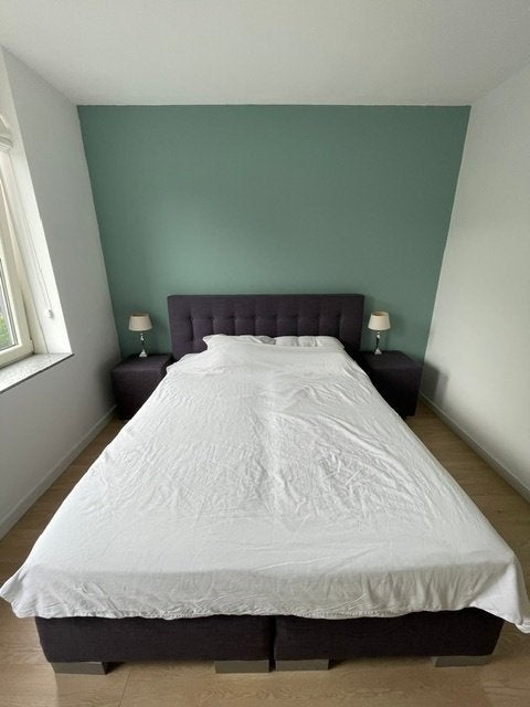 Stijlvolle antraciete 2-persoonsboxspring met hoofdbord, Ophalen, Gebruikt, Overige kleuren, Tweepersoons