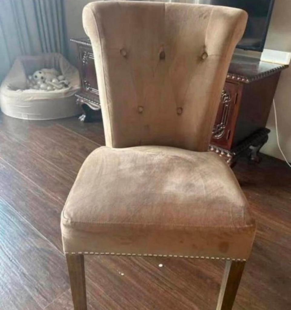 Set van 4 gestoffeerde eetkamerstoelen met ring, Gebruikt, Bruin, Ophalen of Verzenden, Vier