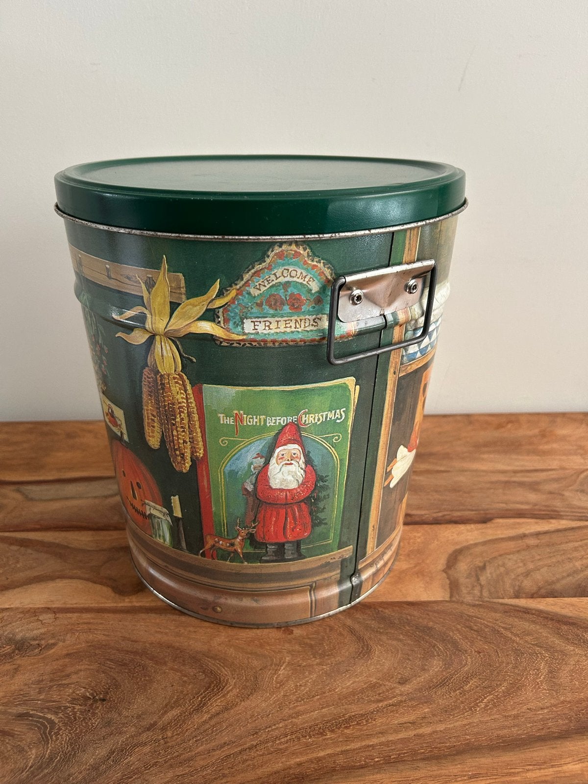 Vintage metalen opbergton met landelijke print, Ophalen of Verzenden