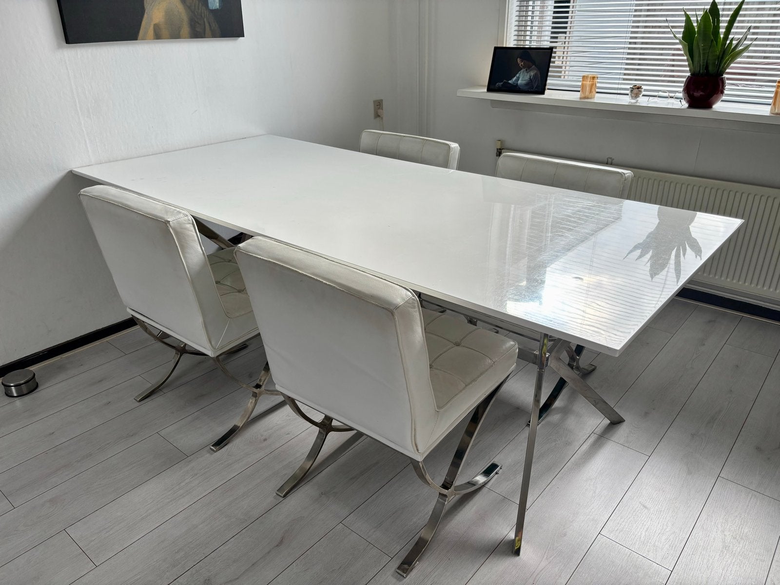 Eethoek: hooglans tafel (220x100) + 4 stoelen, Ophalen, Gebruikt, 4 tot 6 stoelen