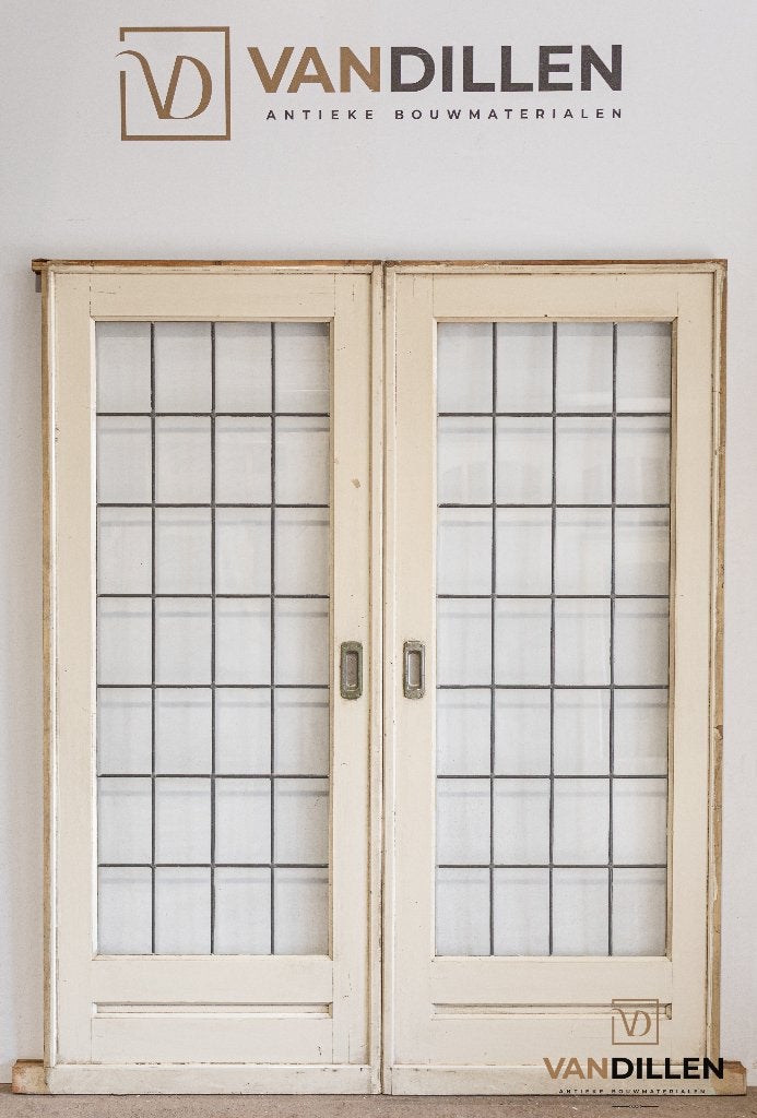 Oude ensuite schuifdeuren blank geblokt glas in lood, Doe-het-zelf en Verbouw, Deuren en Horren, Gebruikt, 120 cm of meer, Binnendeur
