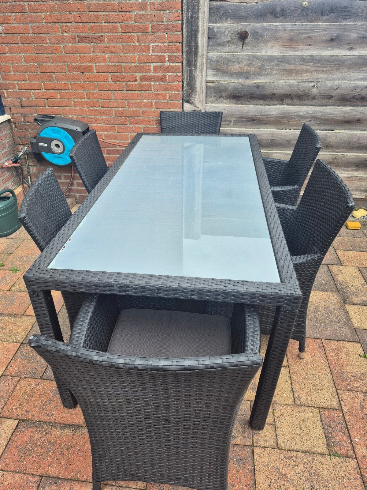 Loungeset met 6 stoelen en tafel (180x90x76 cm), Tuin en Terras, Ophalen, Gebruikt, 6 zitplaatsen, Loungeset