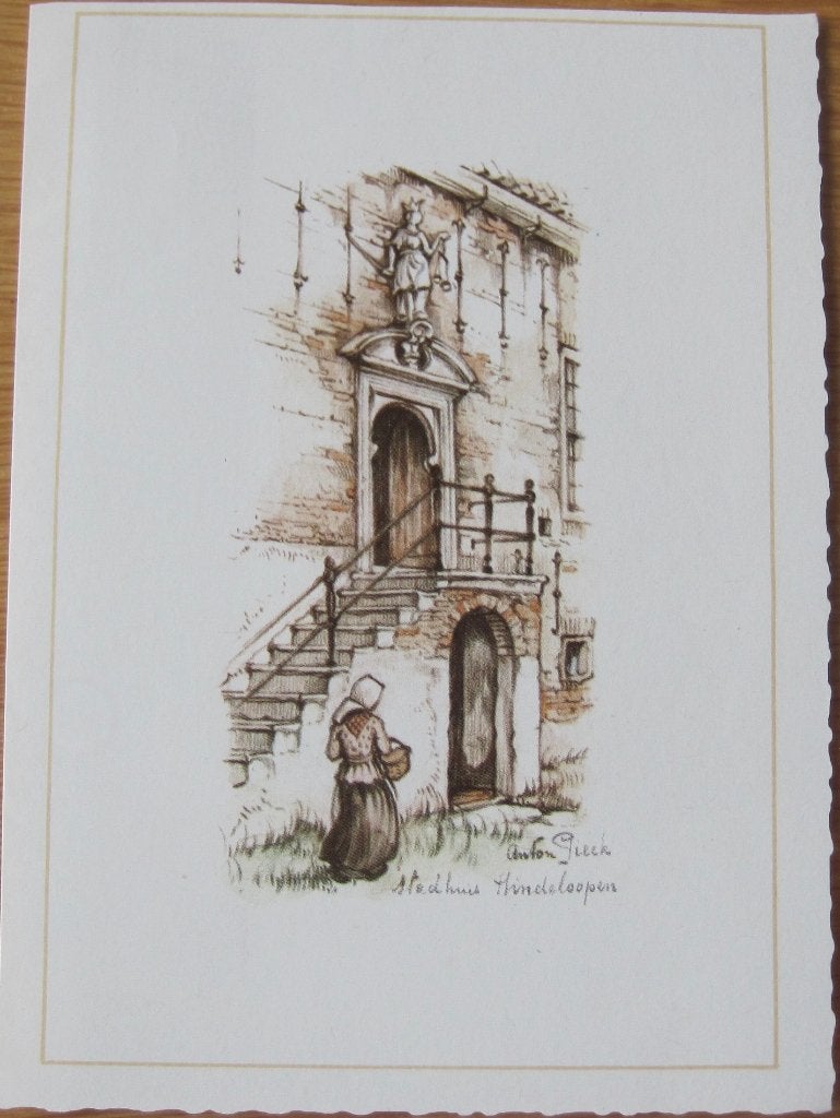 Anton Pieck plaatje van het Stadhuis van Hindeloopen, 1980 tot heden, Ophalen of Verzenden, Zo goed als nieuw, Gebouw