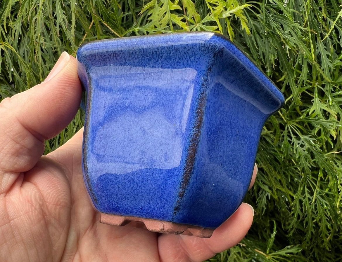 Bonsai pot zeskant blauw geglazuurd aardewerk 9,6x8,6x6,2, Ophalen of Verzenden, Zo goed als nieuw, Overige vormen, Aardewerk