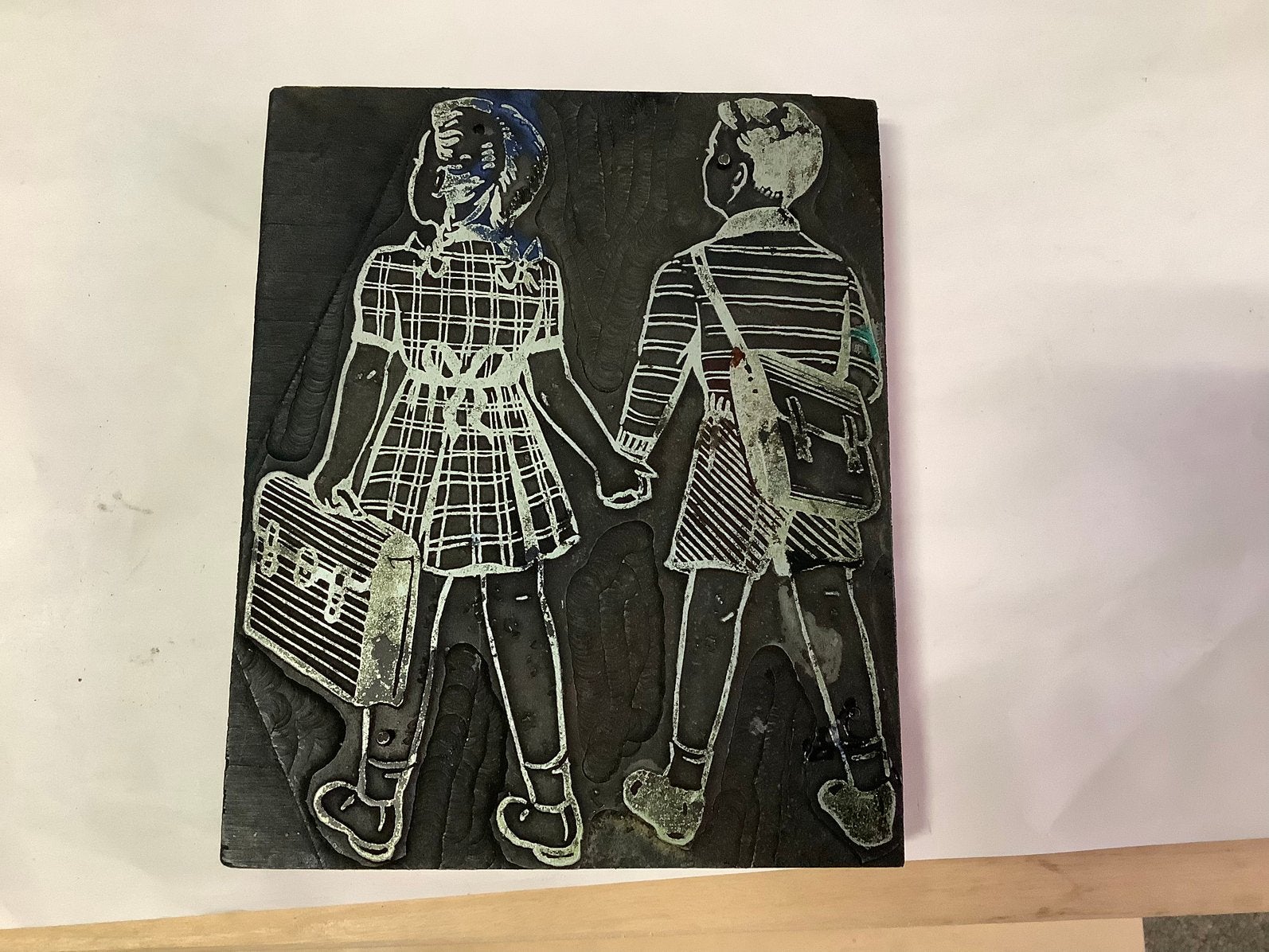 Oude stempel schoolkinderen nostalgie druktechniek uitsnede, Ophalen of Verzenden
