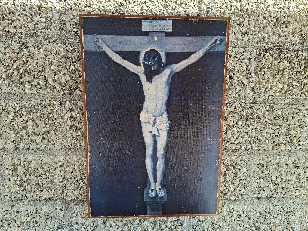 antiek schilderij /prent zeer oud christus aan het kruis, Antiek en Kunst, Ophalen of Verzenden