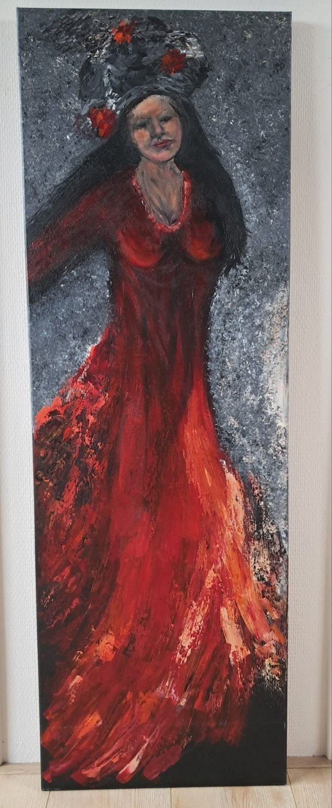 Handgeschilderd kunstwerk, 40x120 cm, Antiek en Kunst, Ophalen, Op houten frame, Textiel, Figuren