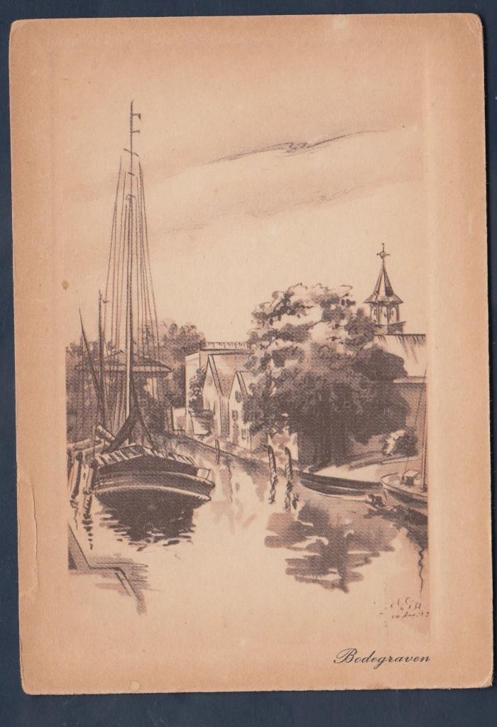 Bodegraven Prov. Stempeltocht 1943 na een Sepia Tekening van, Verzamelen, Verzenden, Voor 1920, Ongelopen, Zuid-Holland