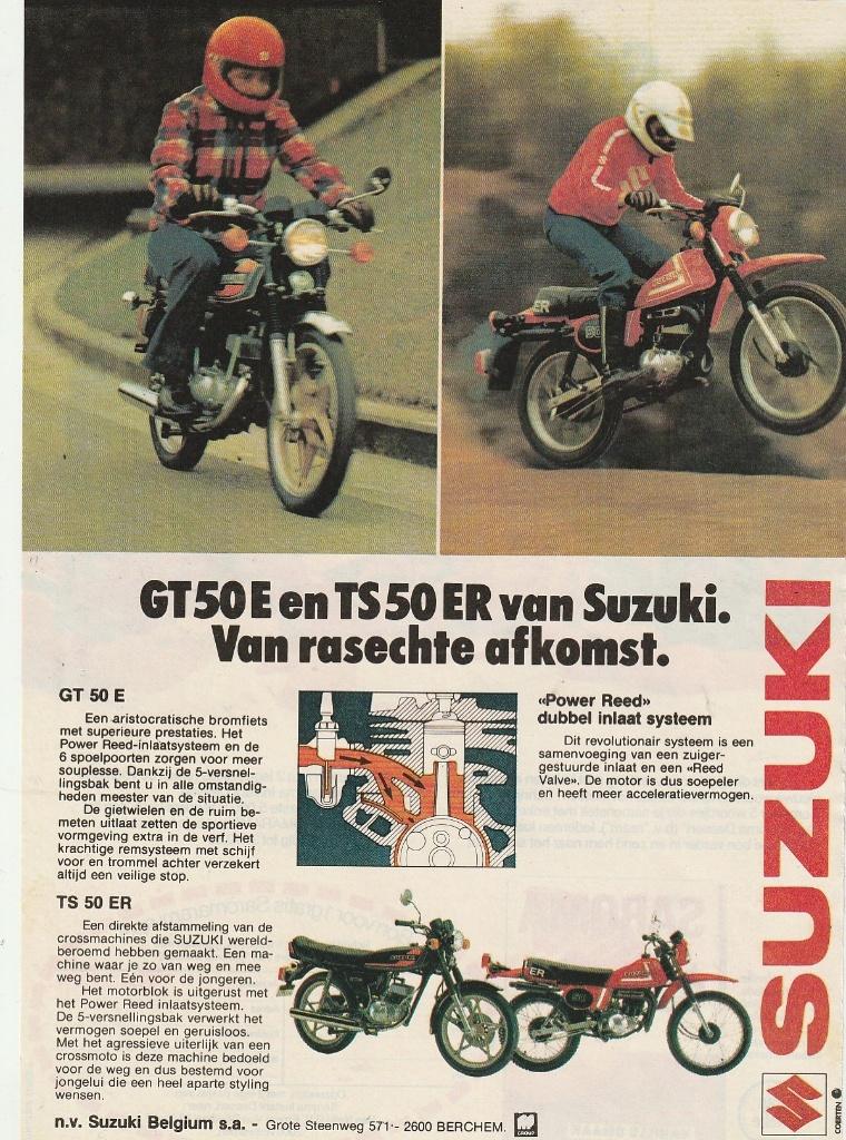 Retro reclame 1980 Suzuki brommer TS50ER GT50E rasecht, Verzenden, Overige typen