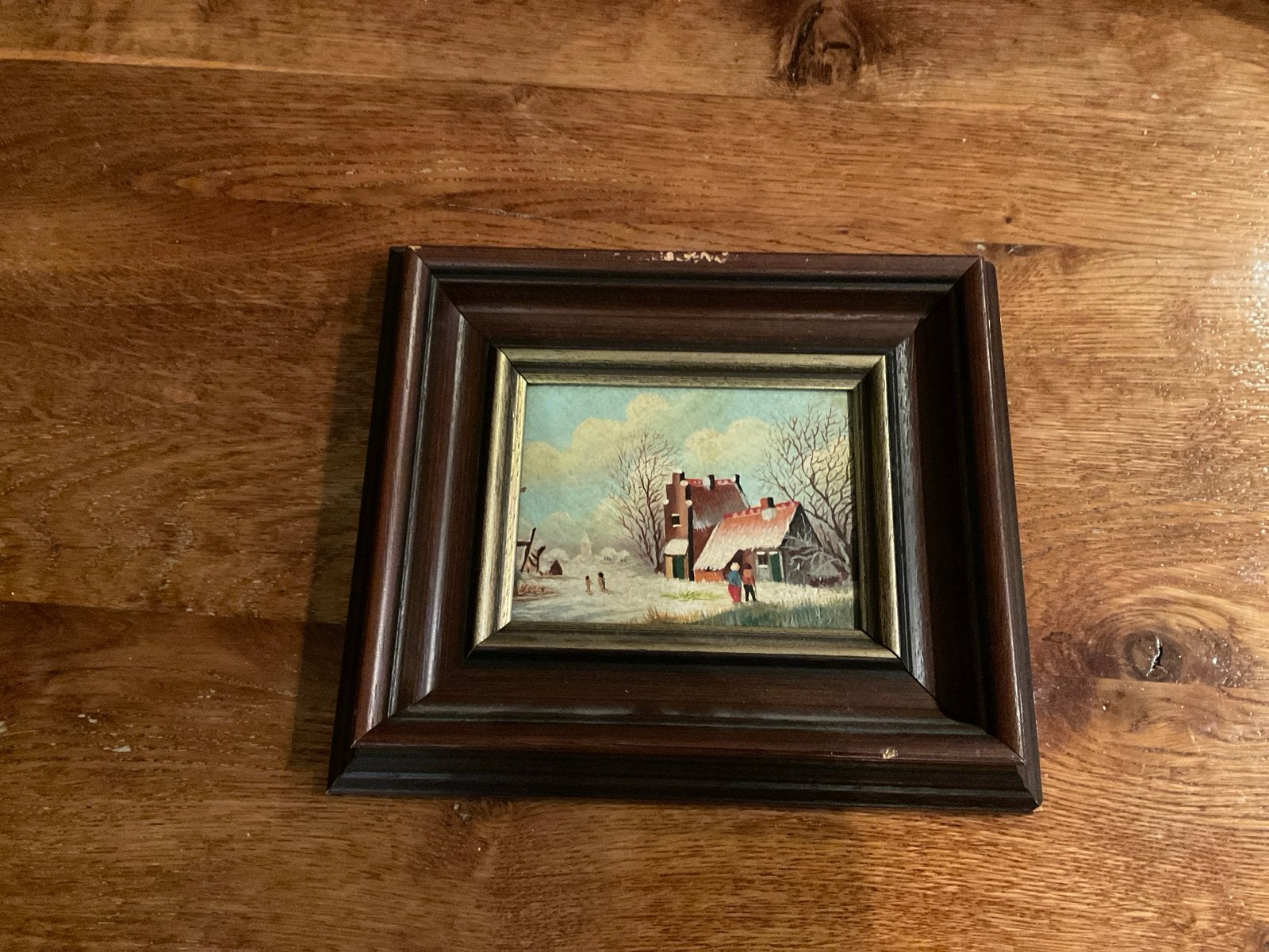 Schilderij Winterlandschap met Boerderij en Figuren, Antiek en Kunst, Doek, Ophalen of Verzenden, Olieverf, Klassiek