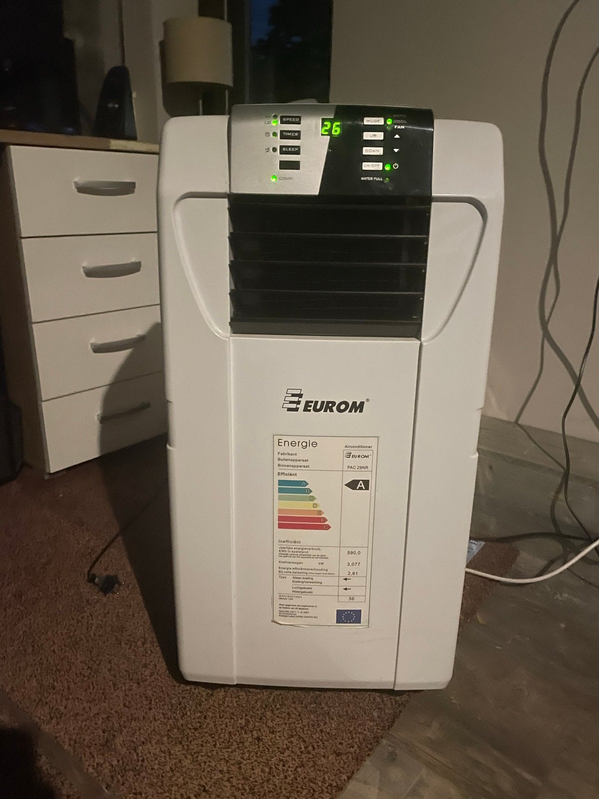 Eurom Mobiele Airco PAC 29NR - Energieklasse A, Gebruikt, Minder dan 60 m³, 2 snelheden, Ophalen of Verzenden
