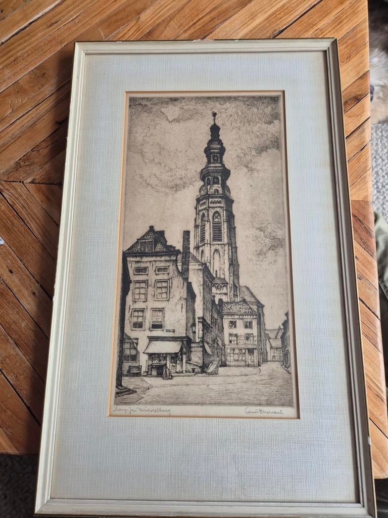 Ets Louis Heymans - Lange Jan Middelburg handgesigneerd, Antiek en Kunst, Ophalen of Verzenden