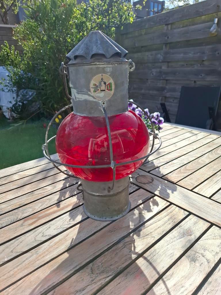 Vintage scheepslamp met rood bolvormig glas, Ophalen of Verzenden