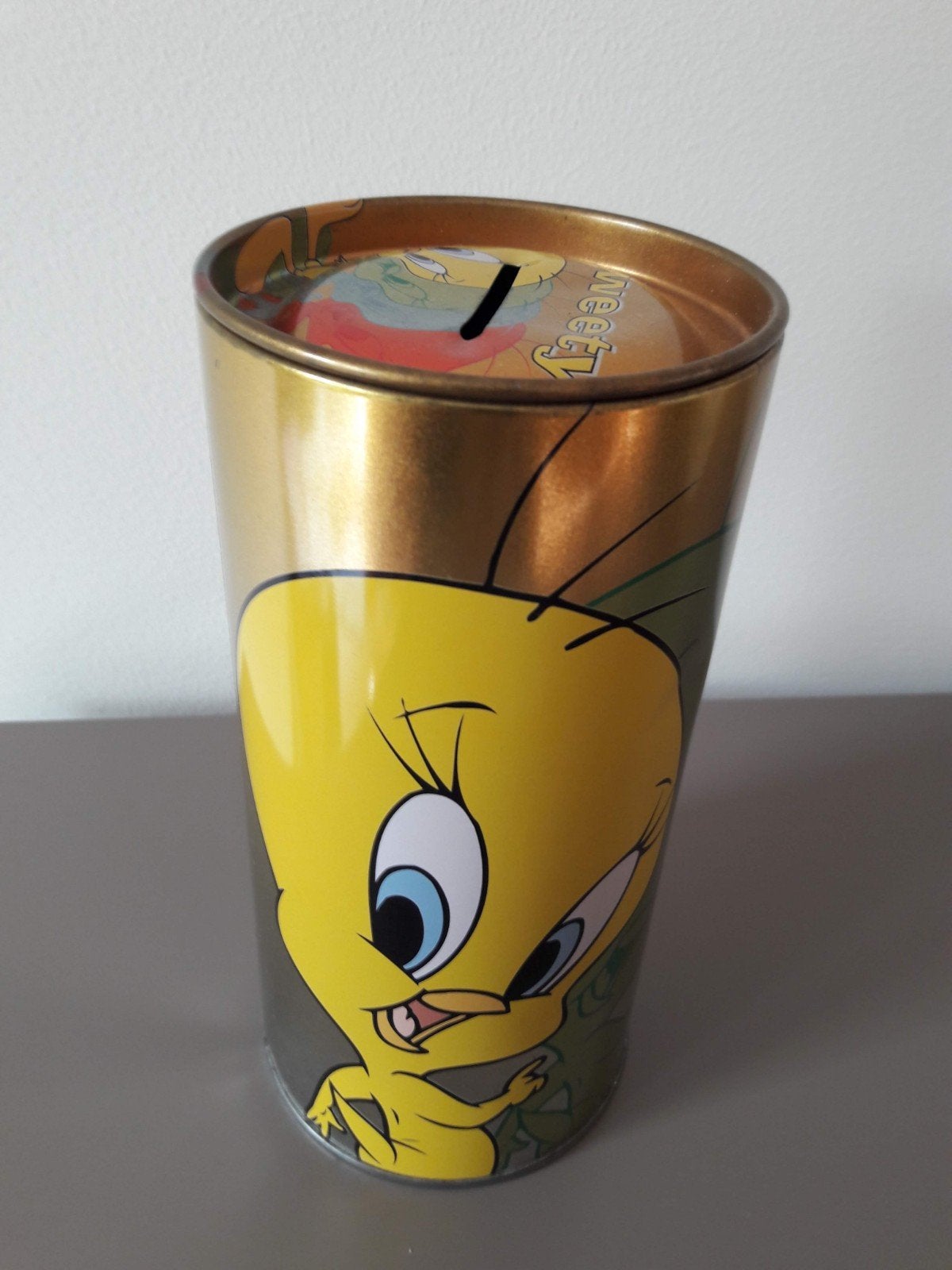 blik Tweety LooneyTunes spaarpot hoogte 18cm doorsnede 8,5cm, Ophalen of Verzenden