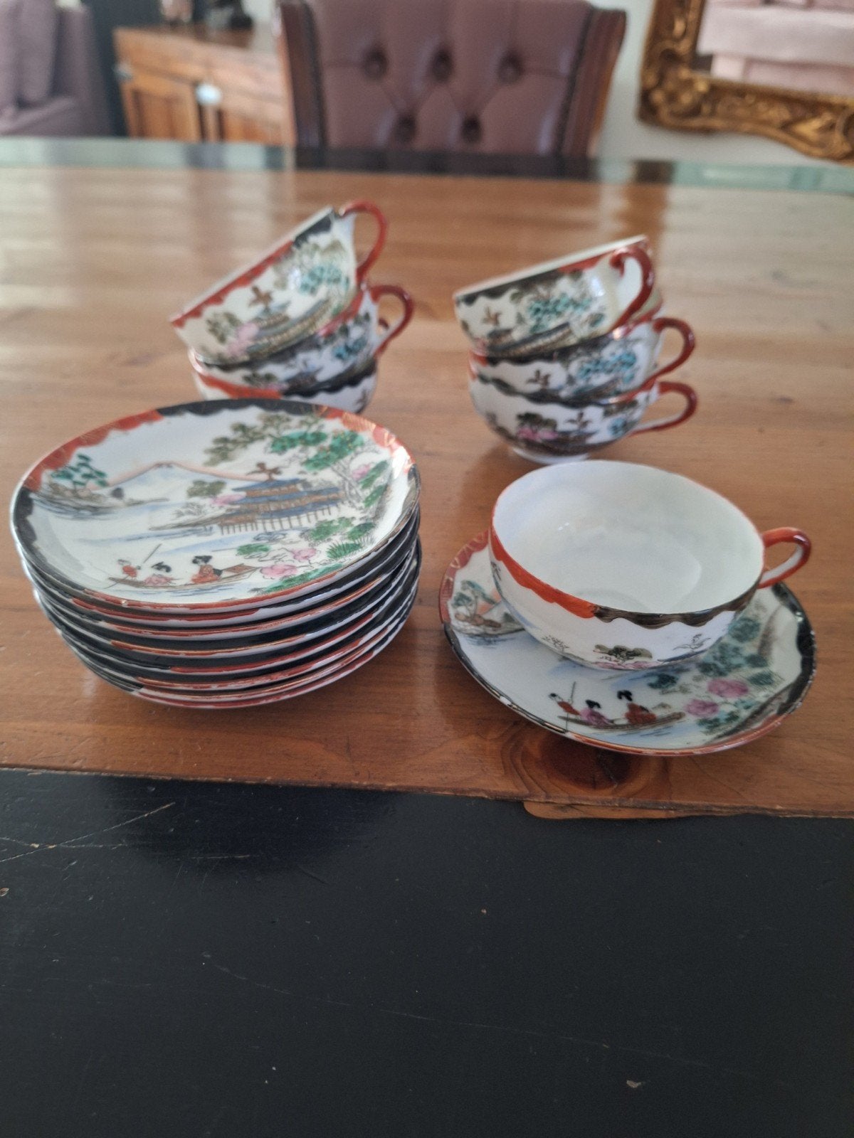 Vintage Japans eierschaal porselein theeservies handbeschild, Antiek en Kunst, Ophalen of Verzenden