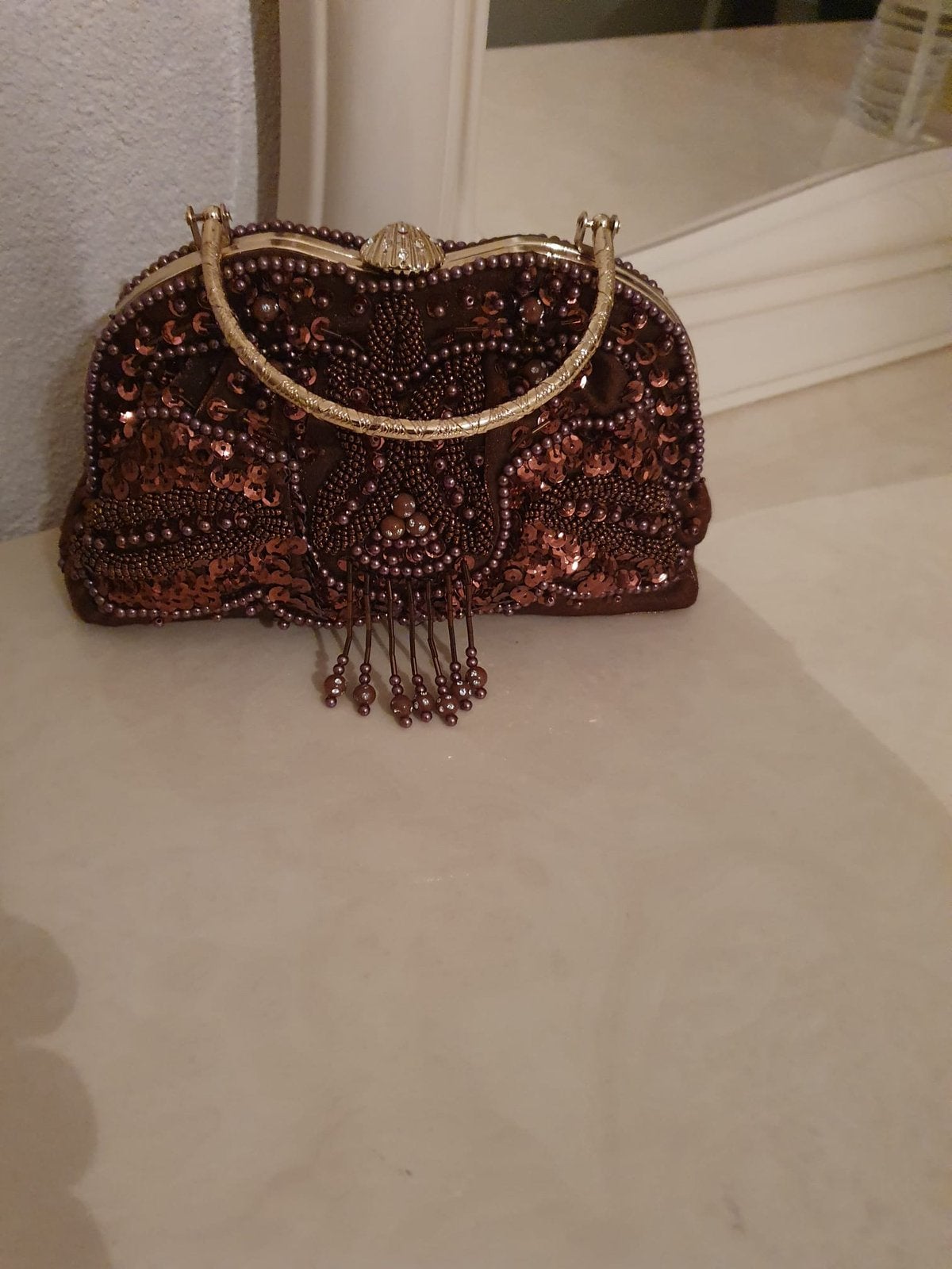 Elegante Clutch met Pailletten en Kralen - Bruin, Ophalen, Zo goed als nieuw, Bruin, Avondtasje