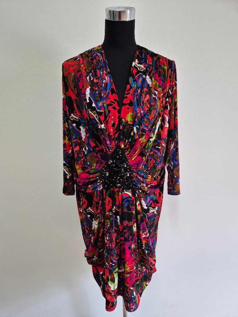 J477 - Fleurige Yoek jurk maat L = 46-48 (1), Kleding | Dames, Ophalen of Verzenden, Zo goed als nieuw, Jurk