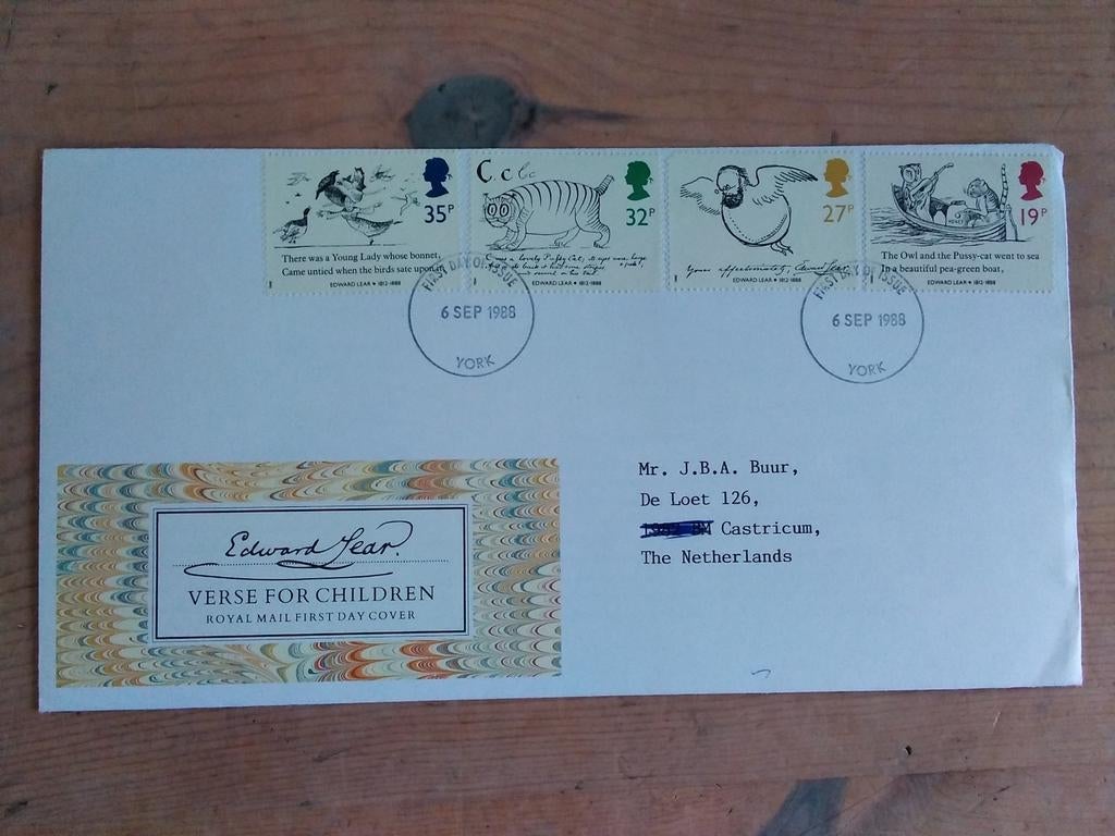 Engeland FDC Edward Lear Verse for Children 1988, Postzegels en Munten, Postzegels | Europa | UK, Verzenden