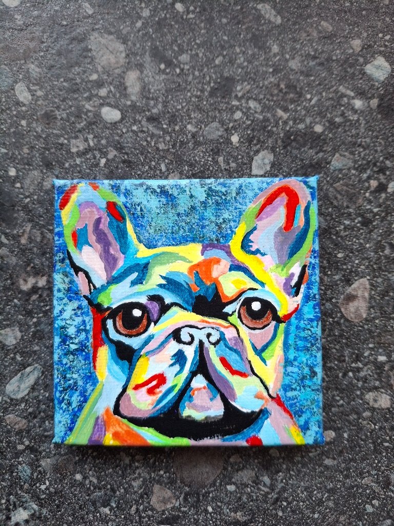 Klein schilderijtje Kleurige Franse Bulldog, 7x7 cm, Ophalen, Minder dan 50 cm, Oorspronkelijke maker, Nieuw