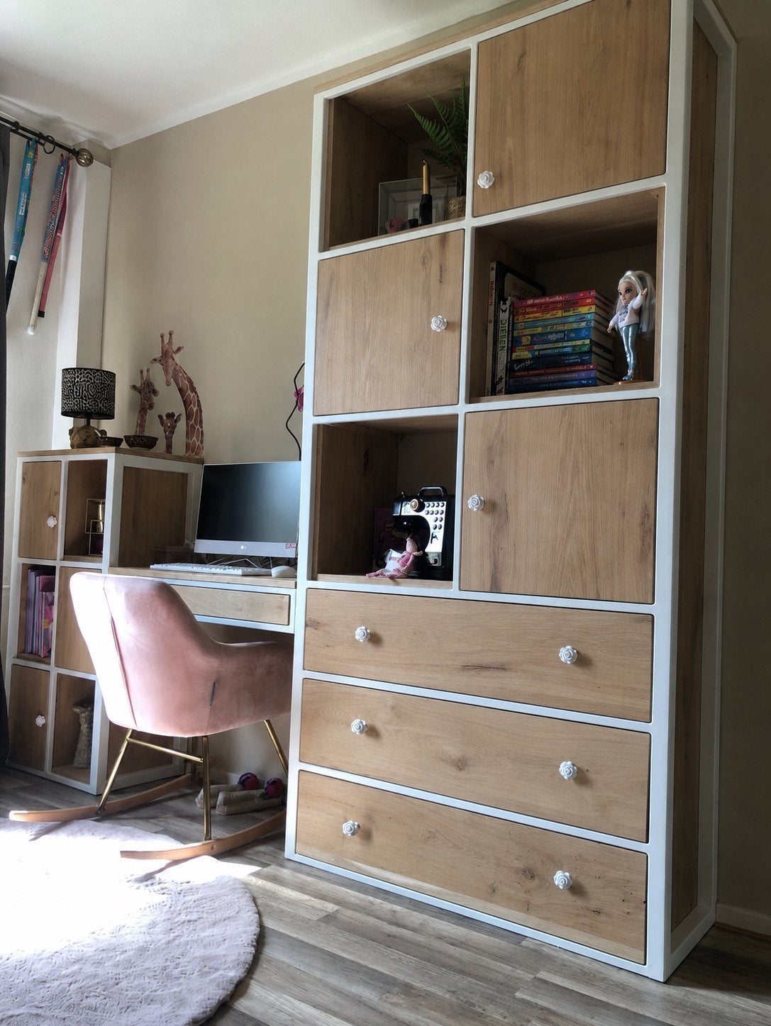 Bureau/kastenwand wit staal en massief eikenhout, Ophalen, Zo goed als nieuw