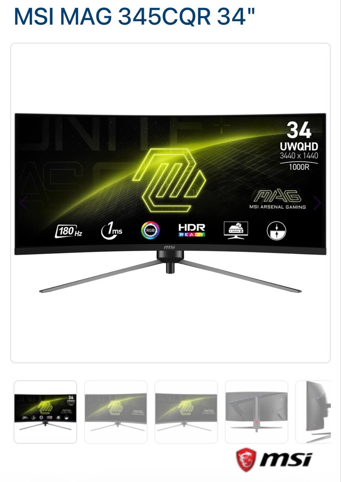 MSI MAG 345CQR 34" UWQHD 180Hz Curved Gaming Monitor, Curved, VA, Zo goed als nieuw, 1 tot 2 ms