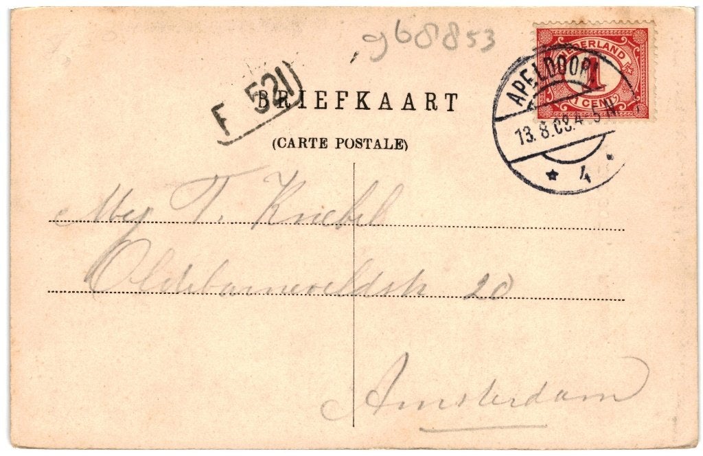 968853	Apeldoorn	Gedenkzuil	Paleislaan	1908	Gelopen, Ophalen of Verzenden, Voor 1920, Gelopen, Gelderland
