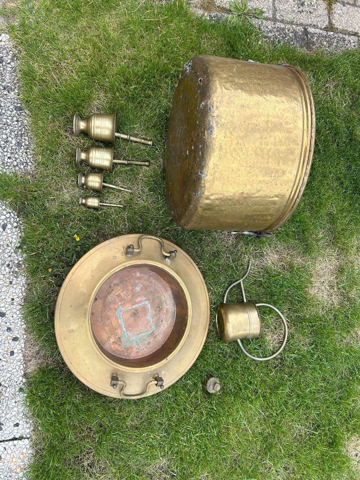 Koperen set: pot, schaal, vijzels en gieter, Antiek en Kunst, Antiek | Koper en Brons, Ophalen of Verzenden, Koper