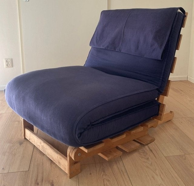Leuke stoel uitklapbaar tot eenpersoonsbed, Ophalen, Gebruikt, Blauw, 200 cm