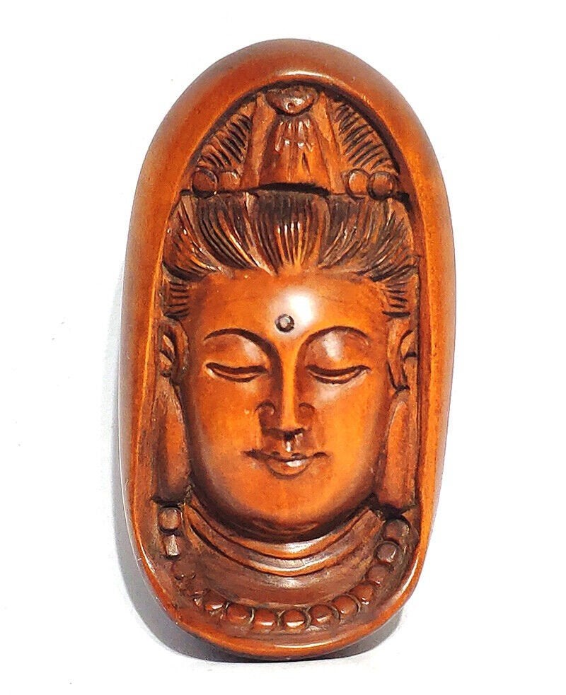 Houten Netsuke van een Kwan-yin Masker Japan, Antiek en Kunst, Kunst | Niet-Westerse kunst, Hout, Bruin, Ophalen of Verzenden