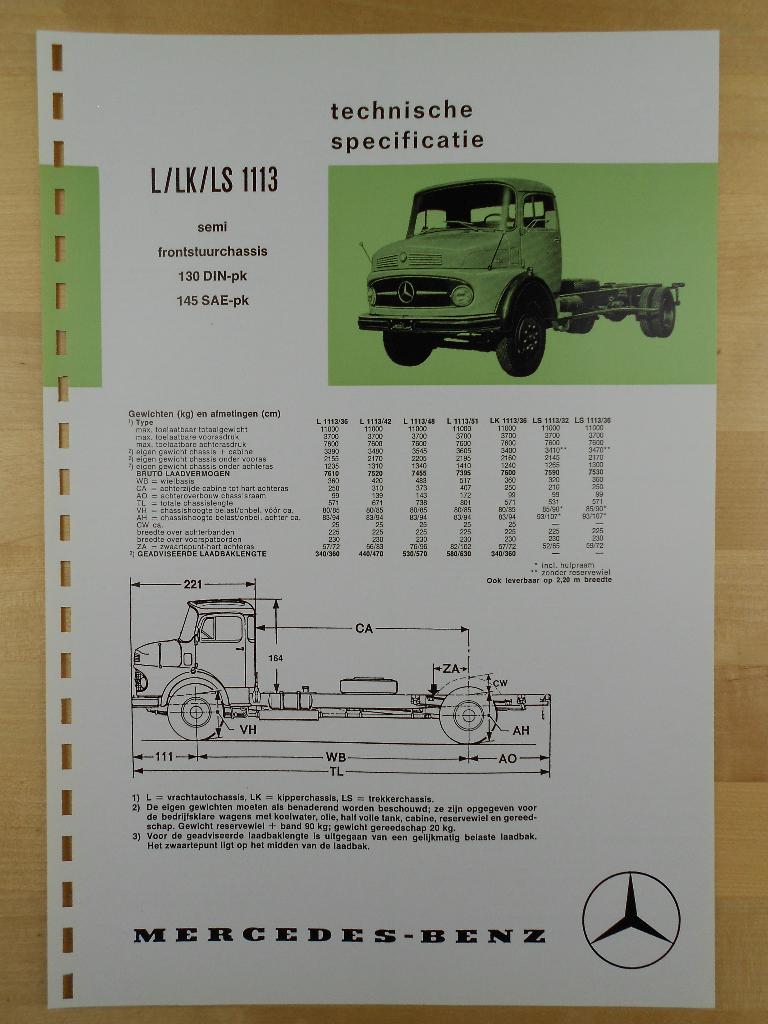 Mercedes 1113 L LK LS 1973 Torpedo Specificatie Brochure, Zo goed als nieuw, Mercedes-Benz, Mercedes, Ophalen of Verzenden