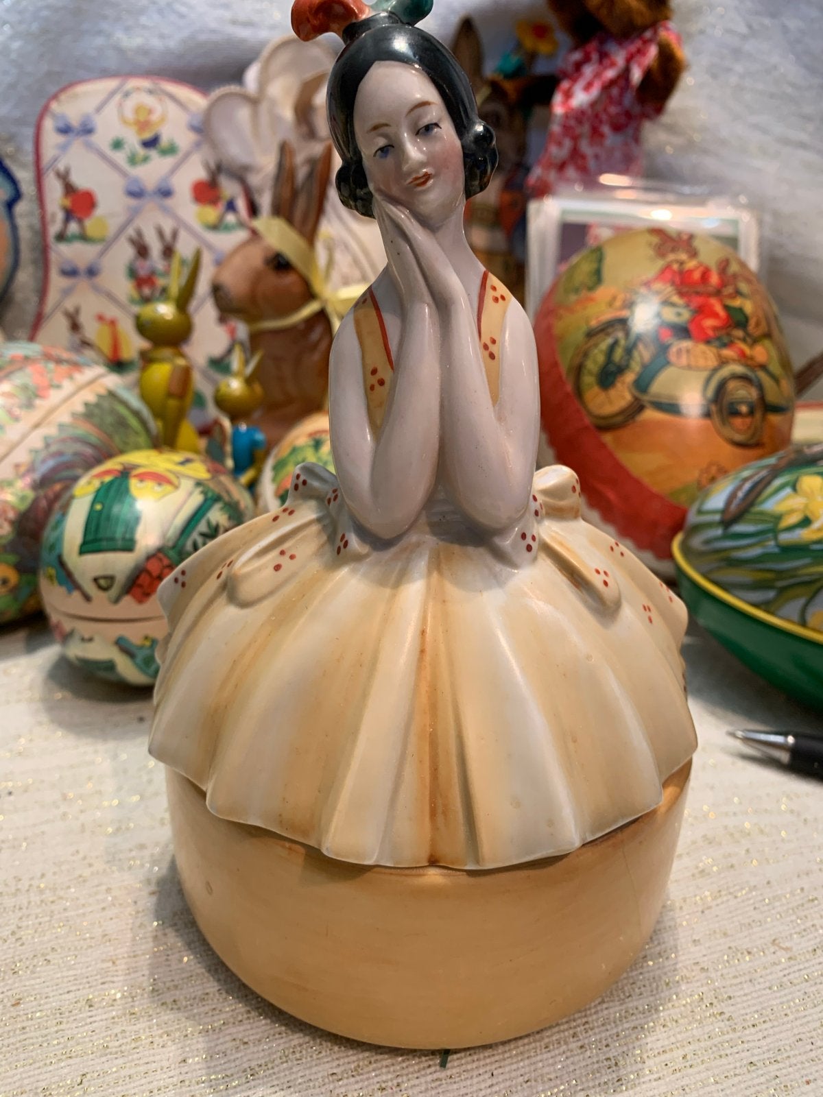 Antieke Poederdoos met Ballerina flapper Figuur, Antiek en Kunst, Antiek | Overige Antiek, Ophalen of Verzenden