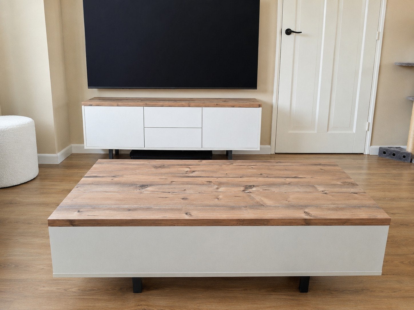 Modern TV meubel en Salontafel set - Wit met Hout, Ophalen, 100 tot 150 cm, 150 tot 200 cm, Zo goed als nieuw