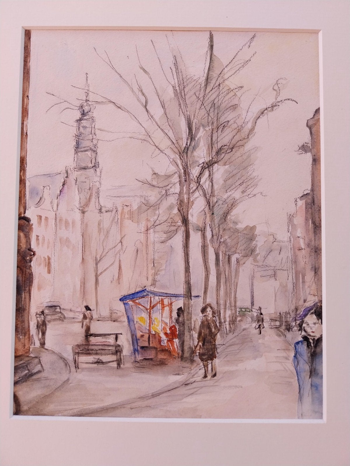 Waterloo Plein Amsterdam aquarel Paul de Ruyck Hulst., Ophalen of Verzenden, Tekening, Aquarel, Ingelijst