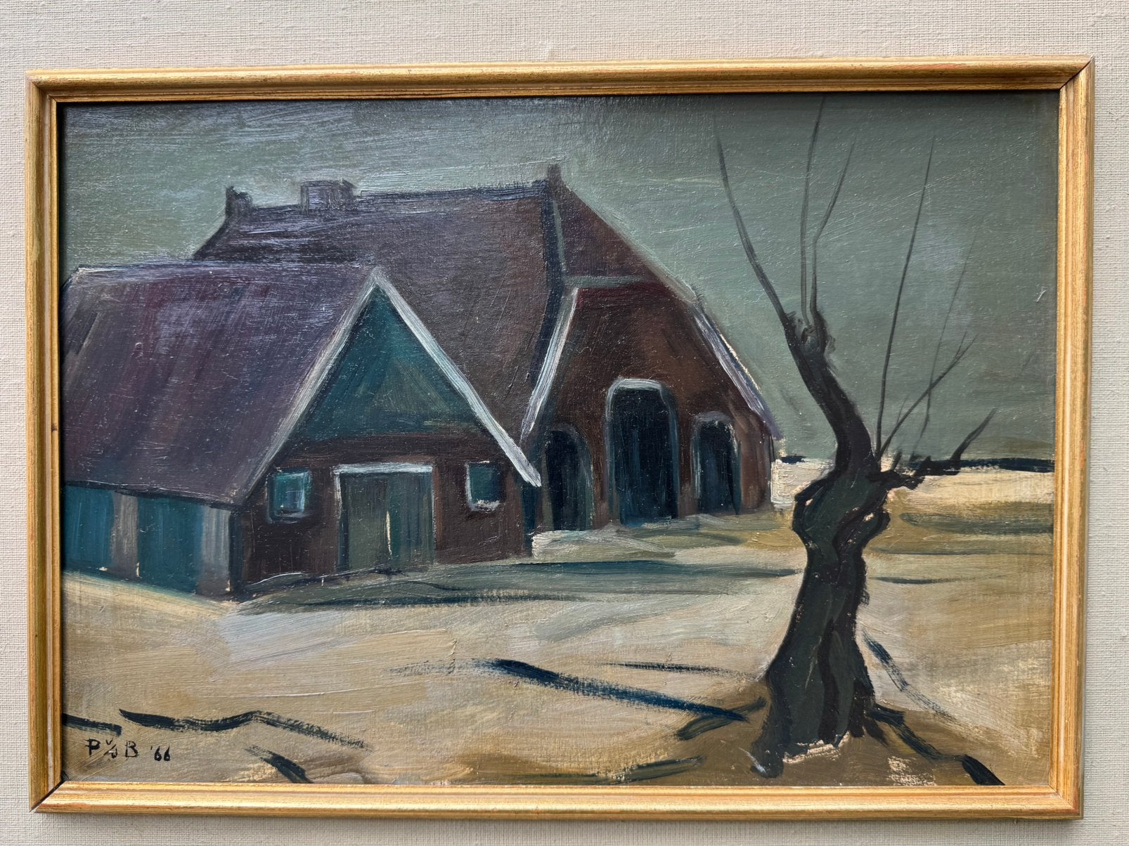 Olieverf  schilderij boerderij met boom, Ophalen