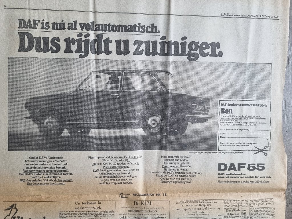 AUTO'S Advertentie Daf 55 (1970), Ophalen of Verzenden, 1960 tot 1980, Knipsel(s)