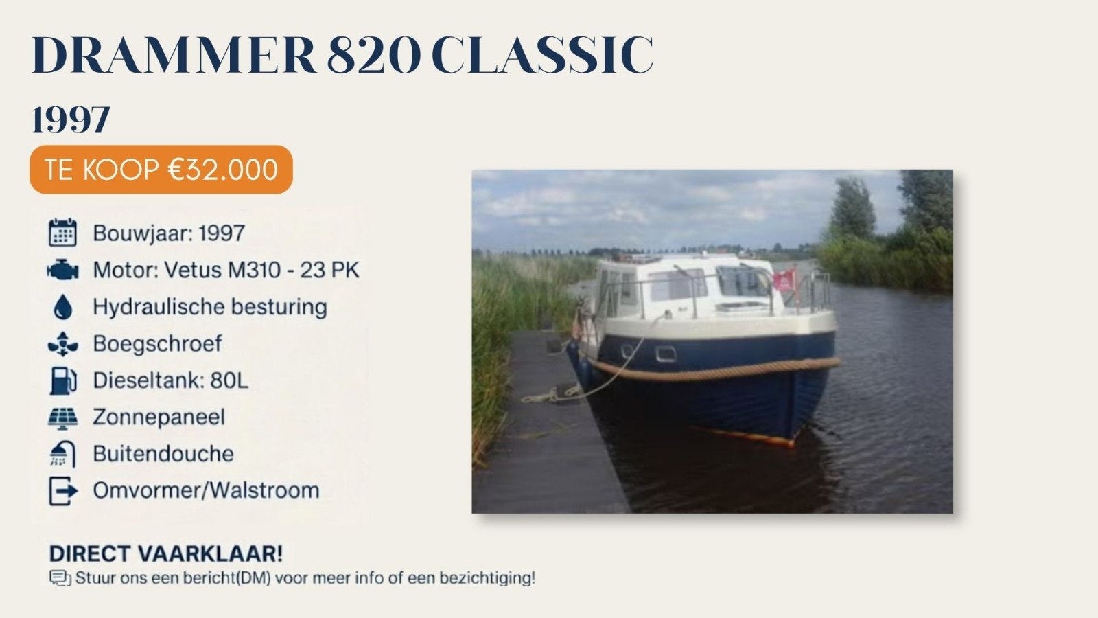 Drammer 820 Classic (1997) | Vetus Diesel | Boegschroef, Watersport en Boten, Motorboten en Motorjachten, Ophalen, Overige merken