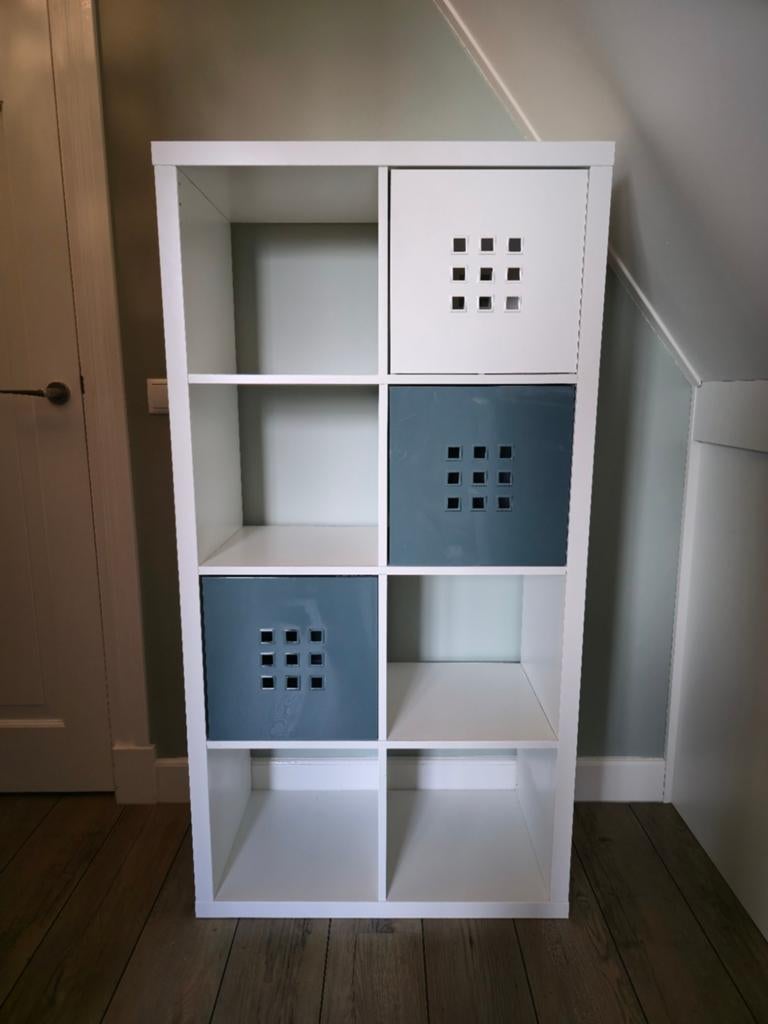 IKEA Kallax witte vakkenkast met 8 vakken en opbergboxen, Ophalen, Gebruikt, 100 tot 150 cm, 50 tot 100 cm