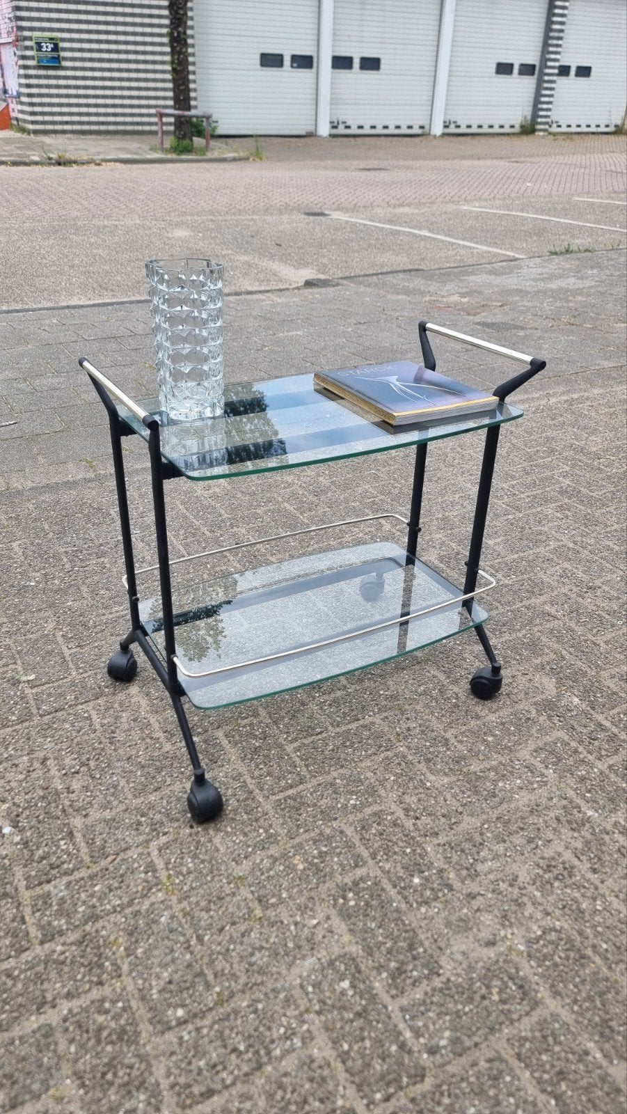Vintage trolley 80s design chroom en glas, Ophalen, Minder dan 55 cm, Gebruikt, ,